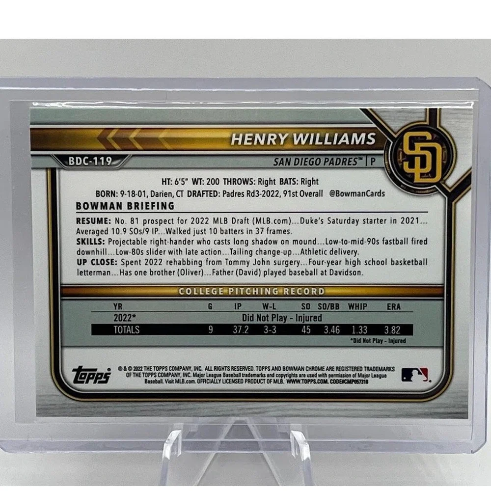 Henry Williams 2022 Bowman Draft Chrome BDC-119 MLB San Diego Padres